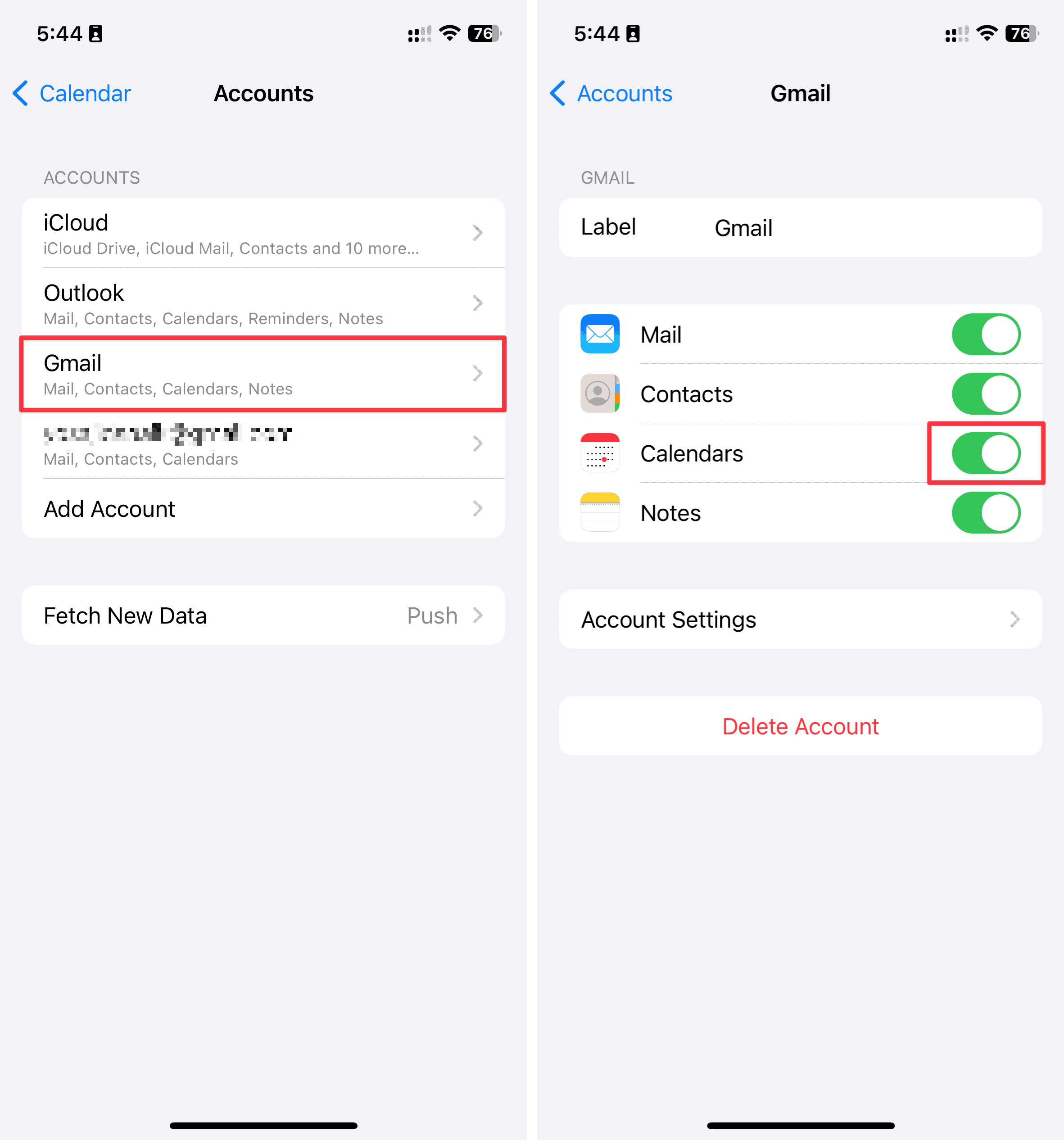 Enabling Calendars in selected account to fix iCloud Calendar not syncing