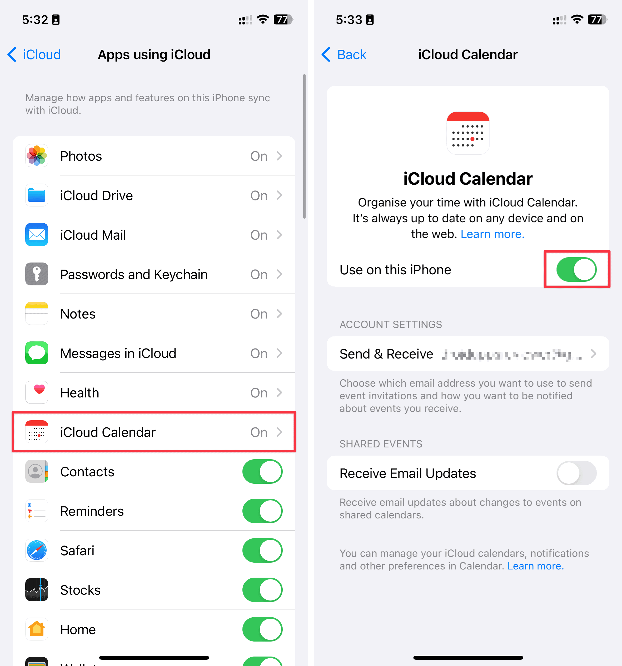 Enabling iCloud Calendar from iCloud Settings