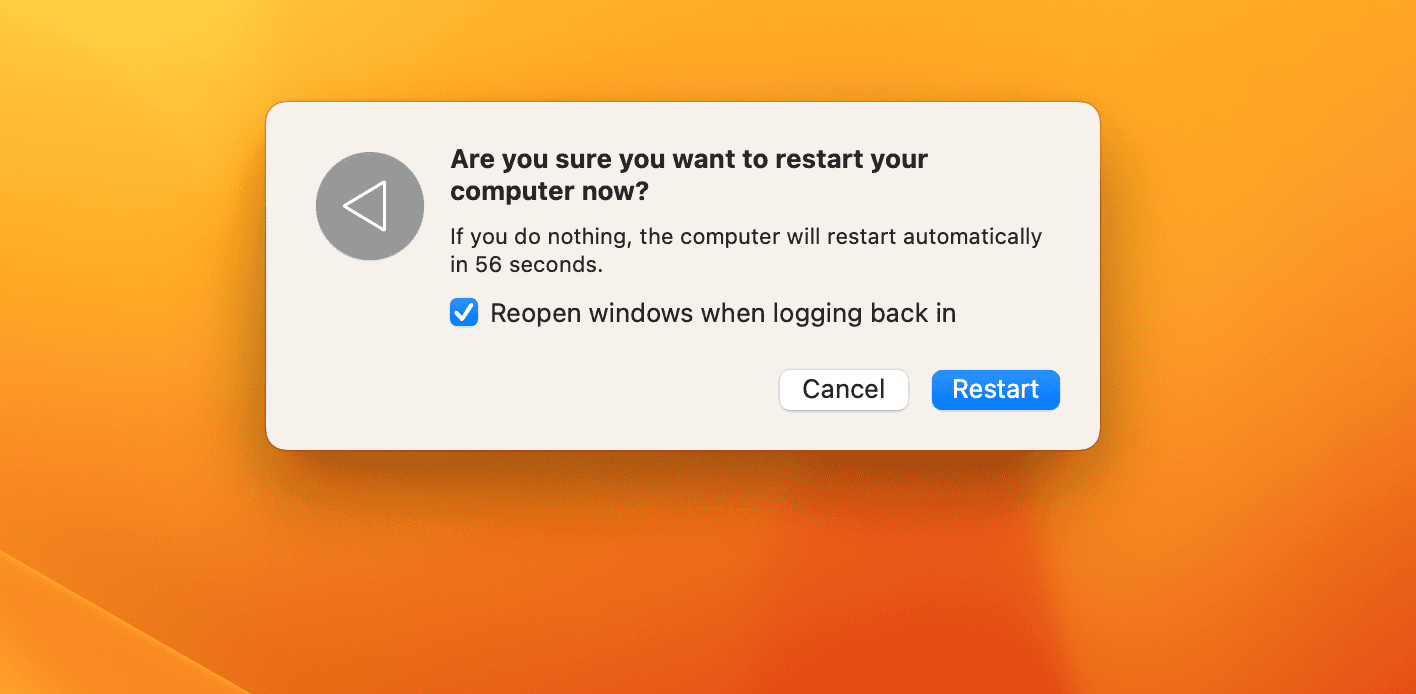 The pop-up window to restart a Mac