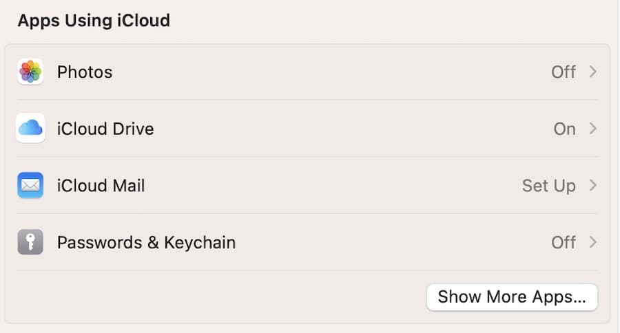 Choose the different iCloud apps in System Settings