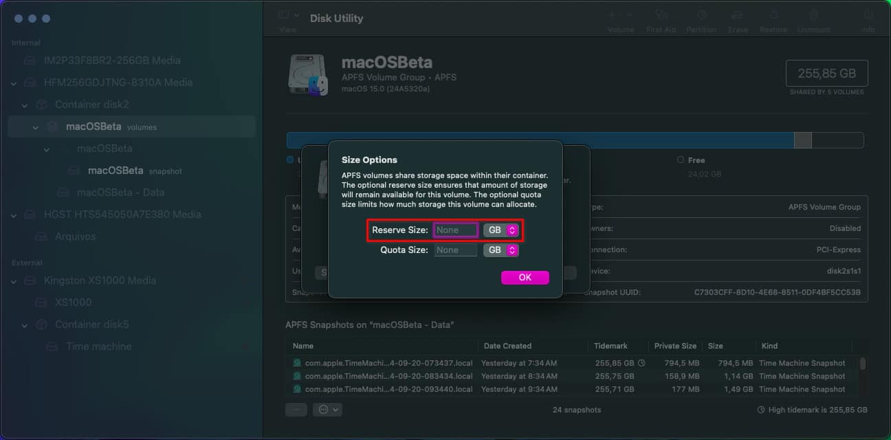 Disk Utility APFS Volume size reserve