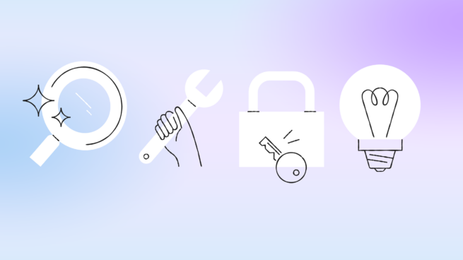 White and black illustrated icons of a magnifying glass, wrench, briefcase, and lightbulb on a light blue and purple background.