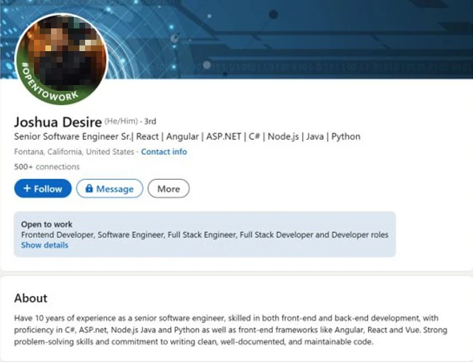 Screenshot of a LinkedIn profile of a North Korean IT worker