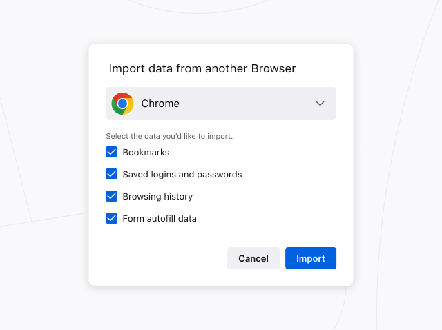 Delwedd o ddeialog dewin mewnforio Firefox, yn dangos y dewisiadau i fewnforio gosodiadau a data o borwyr eraill.