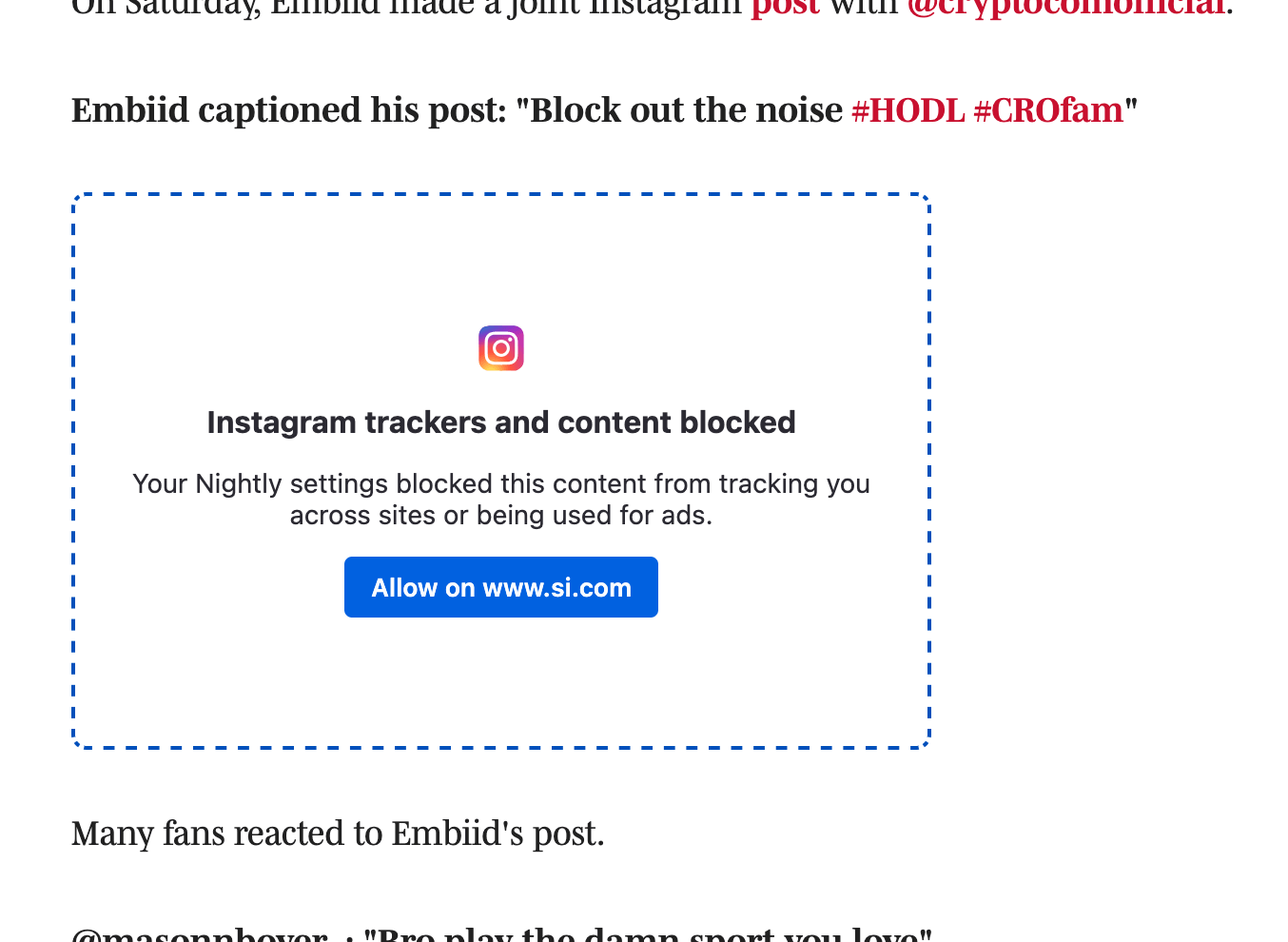 Instagram content marhed as blocked