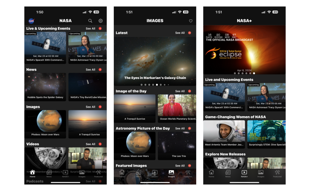 Three screenshots of the NASA app on iOS.