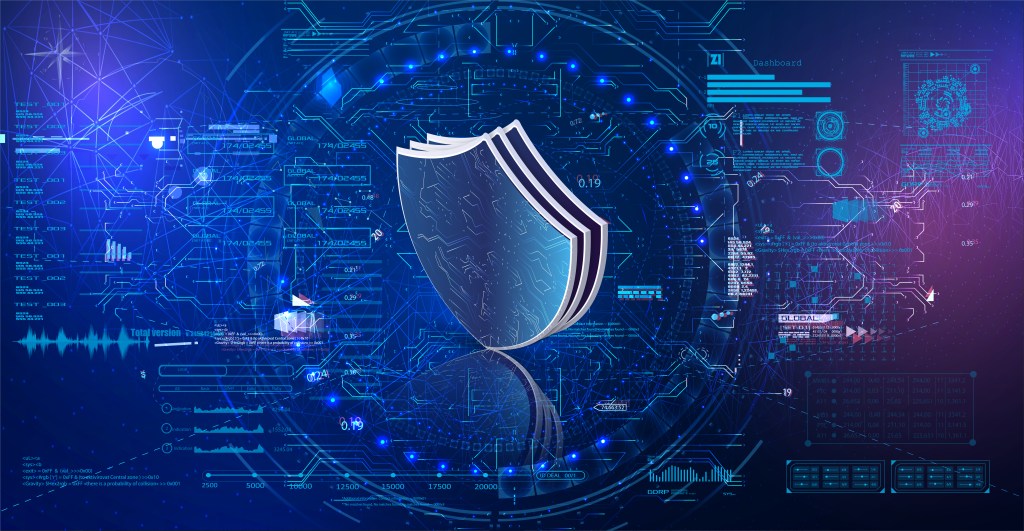 Safety concept, shields on digital background, cyber security, Blue abstract internet technology background illustration. Vector in style HUD UI GUI