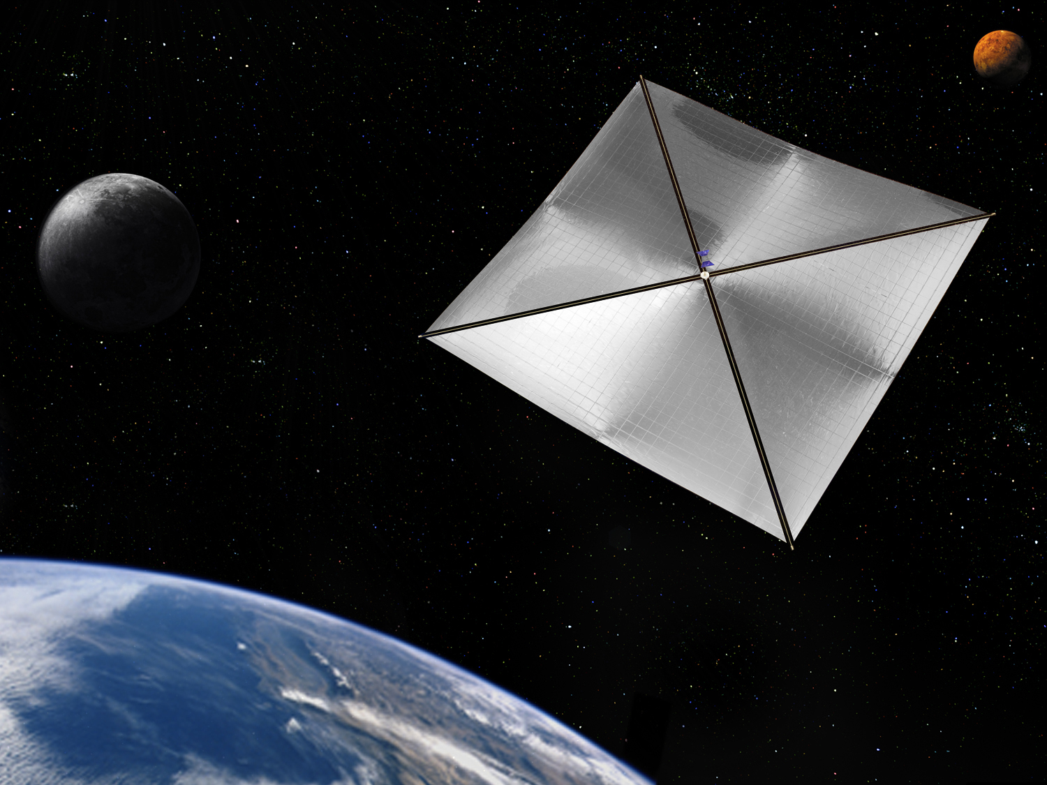 Artist's illustration of nanosatellite in orbit with sail deployed