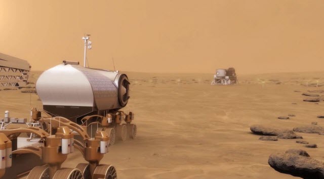 An artist's depiction of a rover on the surface of Mars