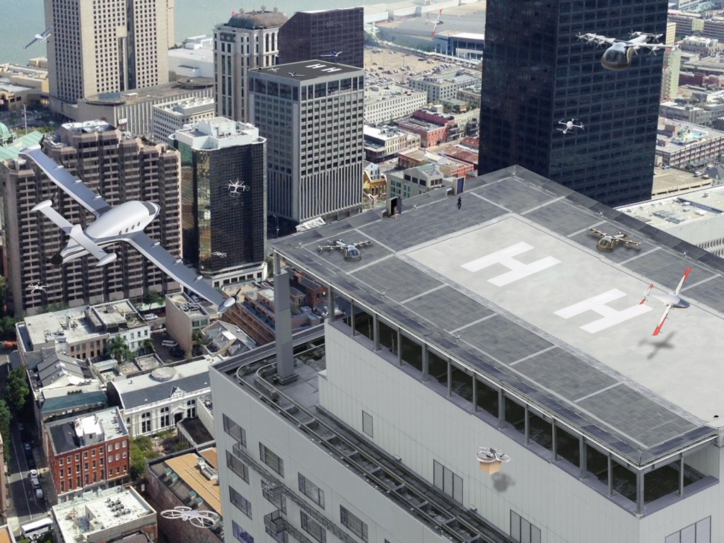 Artist's concept of various types of flying vehicles operating in an urban environment.