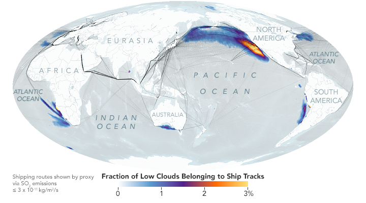 Visualization showing fraction of low clouds belonging to ship tracks on a stretched globe. The southwest coast of Africa, the west coast of South America, the west coast of Europe, the east and west coasts of North America, and the east coast of Eurasia are all blue leaning toward orange, showing more cloud.