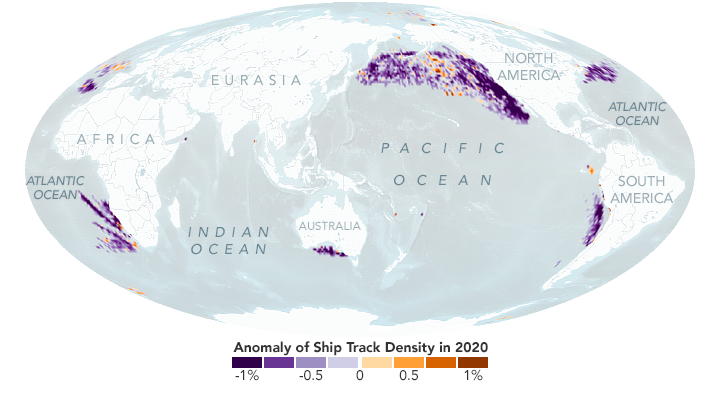 A visualization of shipping routes and clouds belonging to ship tracks around the globe. The west coast of Africa, the southern coast of Australia, the Pacific between Eurasia and North America, the Atlantic between Eurasia and North America, and the west coast of South America are all purple with dense ship tracks.