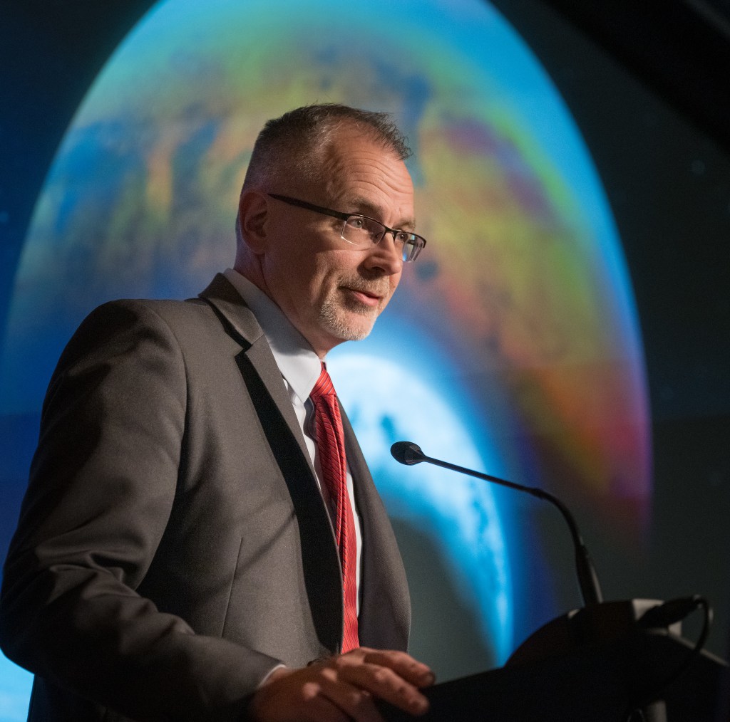 NASA Associate Administrator Jim Free discusses the agency’s goals during the annual State of NASA address, Monday, March 11, 2024, at the Mary W. Jackson NASA Headquarters Building in Washington.