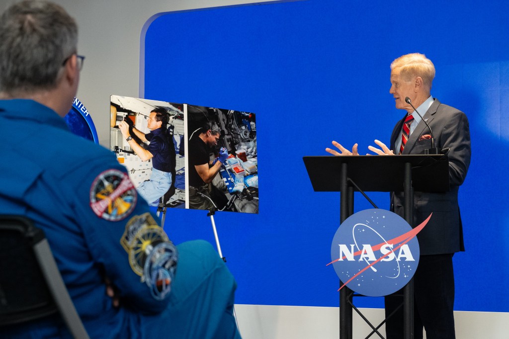 ASA Administrator Bill Nelson delivers remarks during an event with the Department of Health and Human Services (HHS) to highlight how the agencies are making progress toward President Joe Biden and First Lady Jill Biden’s Cancer Moonshot initiative, Thursday, March 21, 2024, in the Earth Information Center at the Mary W. Jackson NASA Headquarters building in Washington.