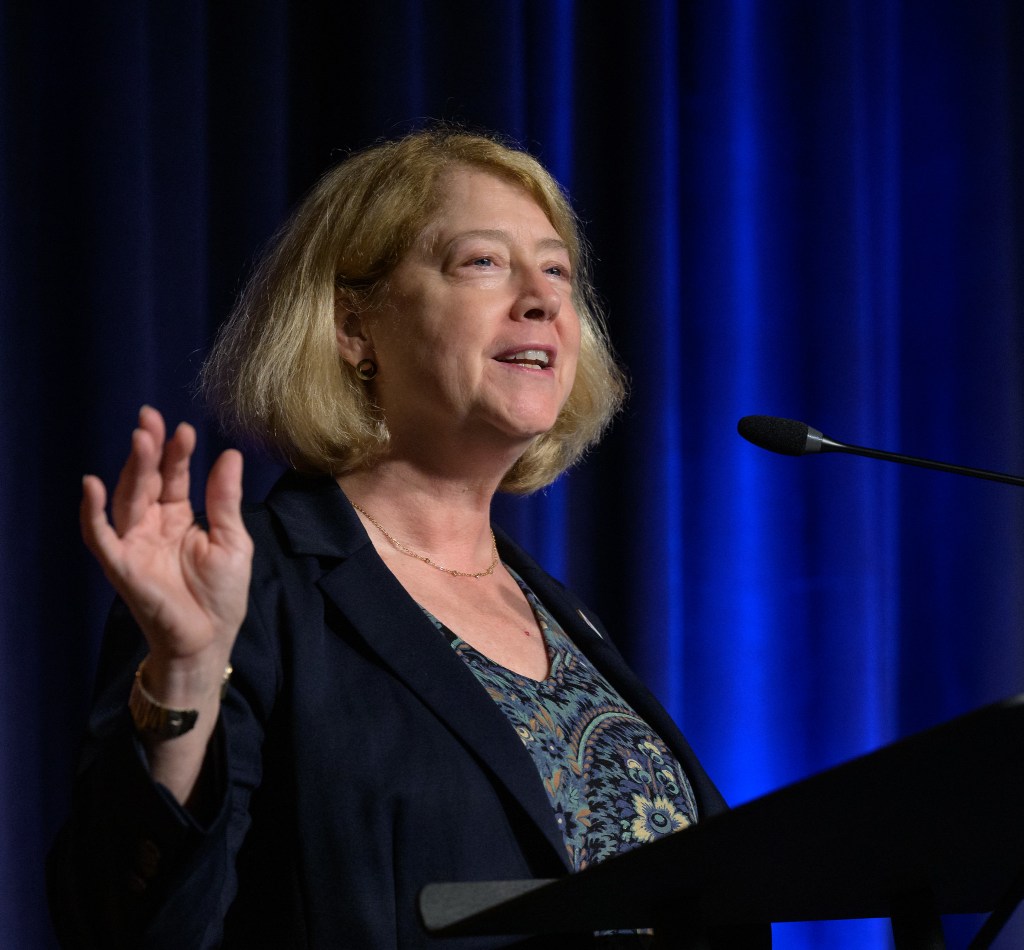 NASA Deputy Administrator Pam Melroy participates in a NASA employee town hall on how the agency is using and developing Artificial Intelligence (AI) tools to advance missions and research, Wednesday, May 22, 2024, at the NASA Headquarters Mary W. Jackson Building in Washington.