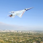 Artist illustration of the X-59 in flight over a surbuban neighborhood.