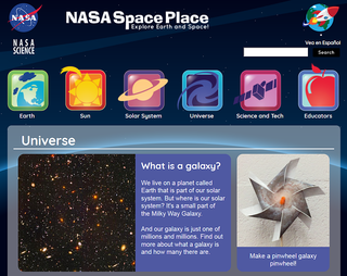 La parte superior de la sección Universe de la página web de NASA Space Place