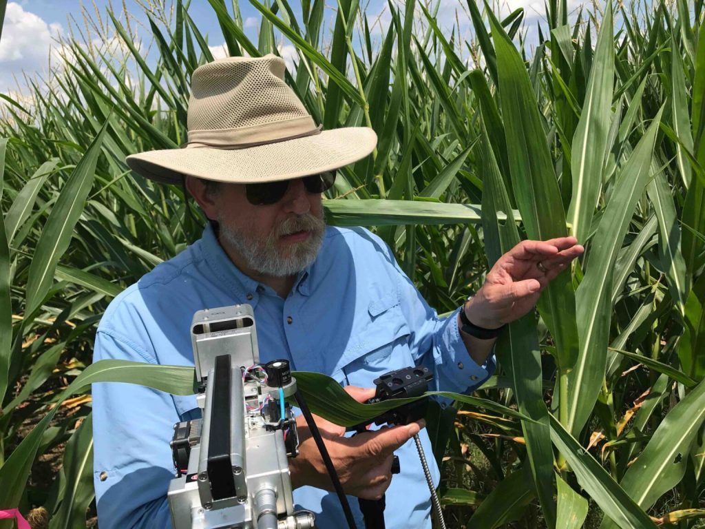 A man stands centered in the image, seen from the waist up. He is wearing a brown hat, which has a broad rim that shades him from the sun. He also wears sunglasses and a blue button-up short-sleeved shirt. He stands in a field, right behind him are large green stalks of corn, which are taller than the man. He is holding a scientific instrument and taking measurements.