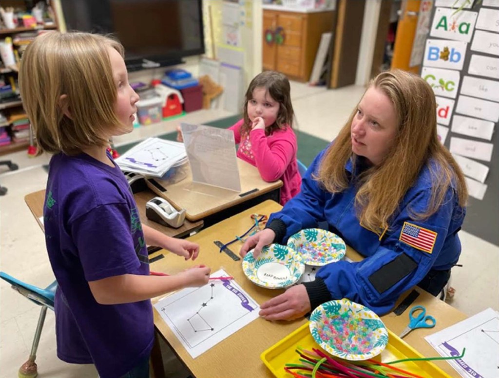 Lily and Aspen recreate their favorite constellations found in the Northern Hemisphere winter sky with Challenger Learning Center of Maine’s Executive Director, Kirsten Hibbard