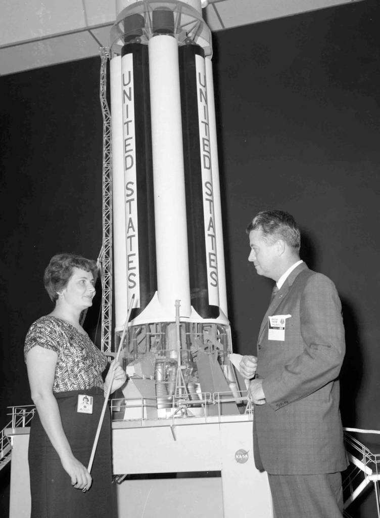 Curator Evelyn Falkowski with Alabama politician, James Douglas Martin at the Space Orientation Center.