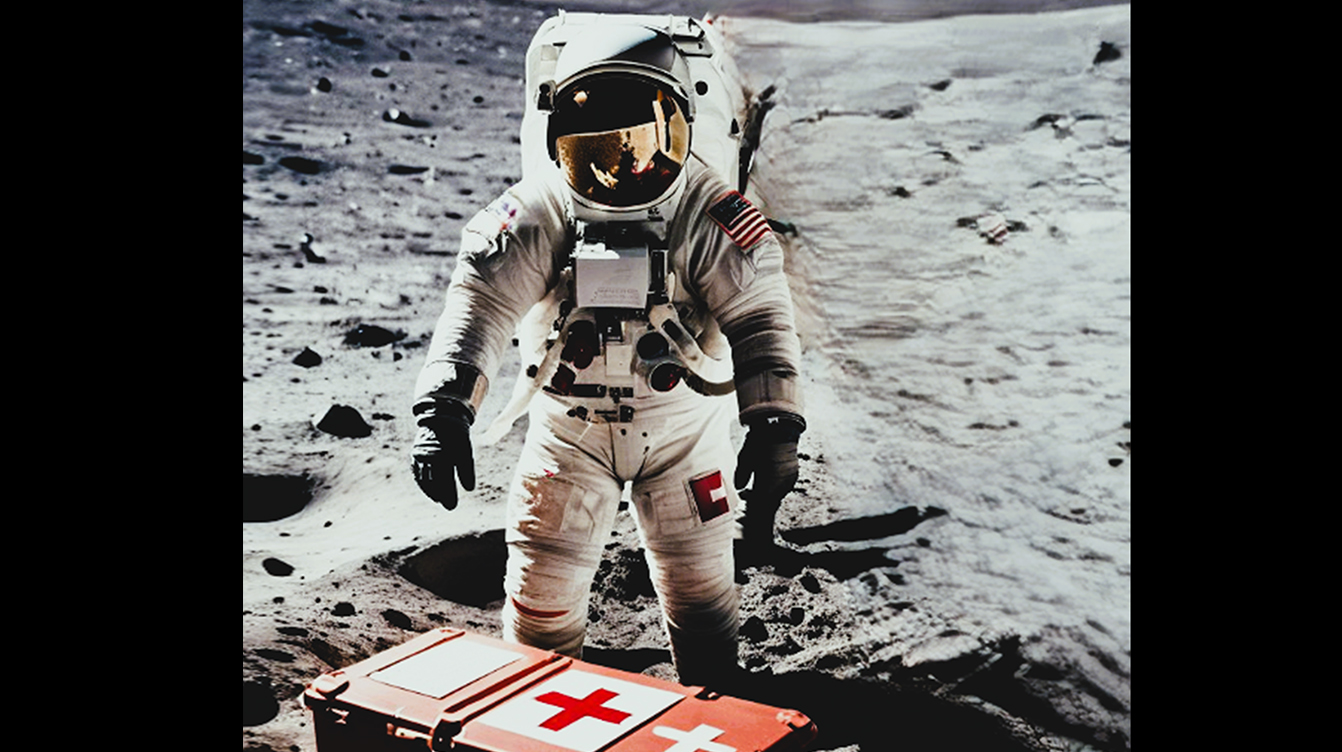 astronaut in space environment standing in front of red medical supplies box