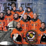 STS-105 crew poster showing the crew in orange flight suits with descriptive text about the mission