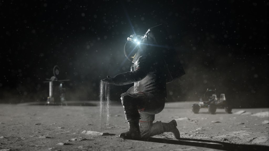 Artist concept of an astronaut holding lunar regolith in hands with a rover and surface technology in the background.