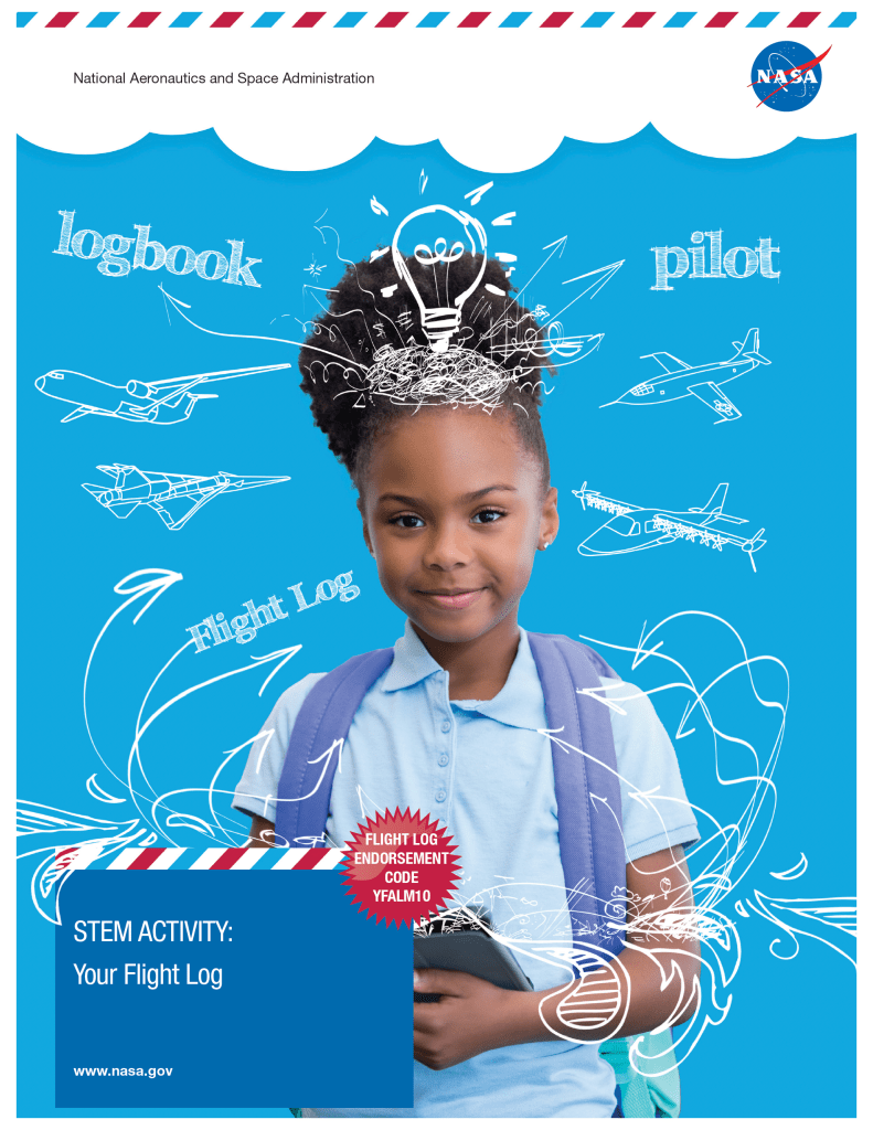 Your Flight Log cover shows a young school student holding a tablet with scribbles and drawings and text (X-Plane, research, innovation) floating around her.