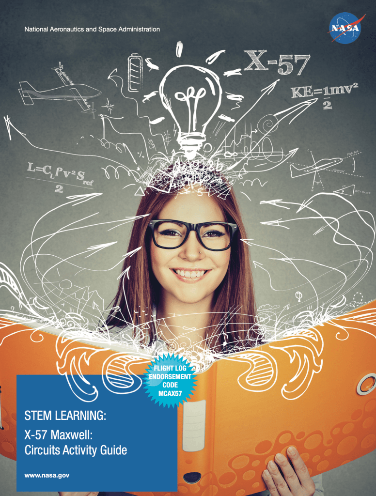 X-57 Maxwell: Circuits Activity Guide cover image shows a female student wearing dark rimmed glasses with a large orange binder open and white squiggly lines and lines and drawings and ideas coming out from the book and from her thoughts.