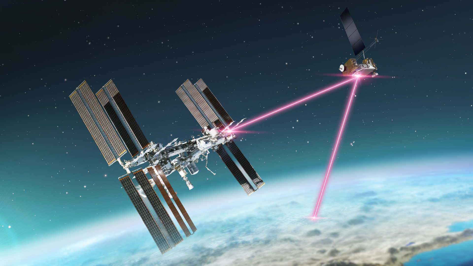 A rendering of ILLUMA-T on the International Space Station communicating with LCRD in geosynchronous orbit.