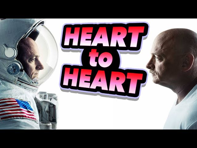 Now retired NASA astronauts Scott Kelly (left) and his identical twin brother, Mark Kelly (right) are pictured facing one another in a composite image with the words "Hear to Heart" in the middle of them.