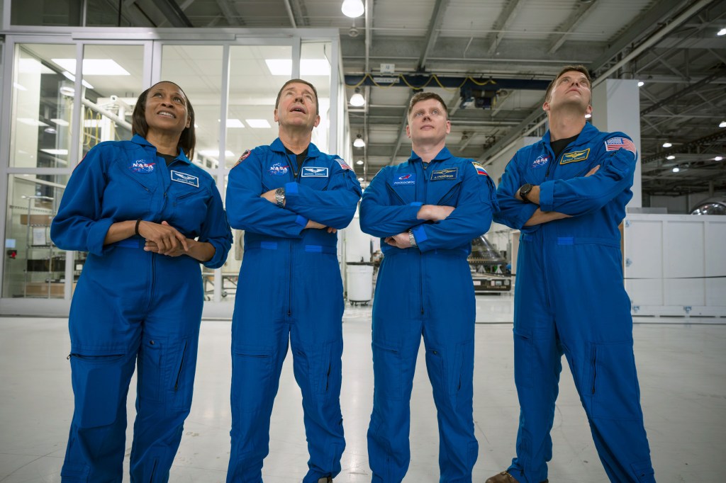 The four SpaceX Crew-8 crew members (from left) Jeanette Epps and Michael Barratt, both NASA astronauts; Alexander Grebenkin from Roscosmos; and Matthew Dominick from NASA; are pictured during a training session at SpaceX headquarters in Hawthorne, California. Credit: SpaceX