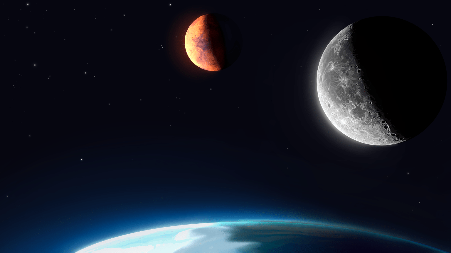 An illustration of the Moon and Mars above the Earth's horizon.