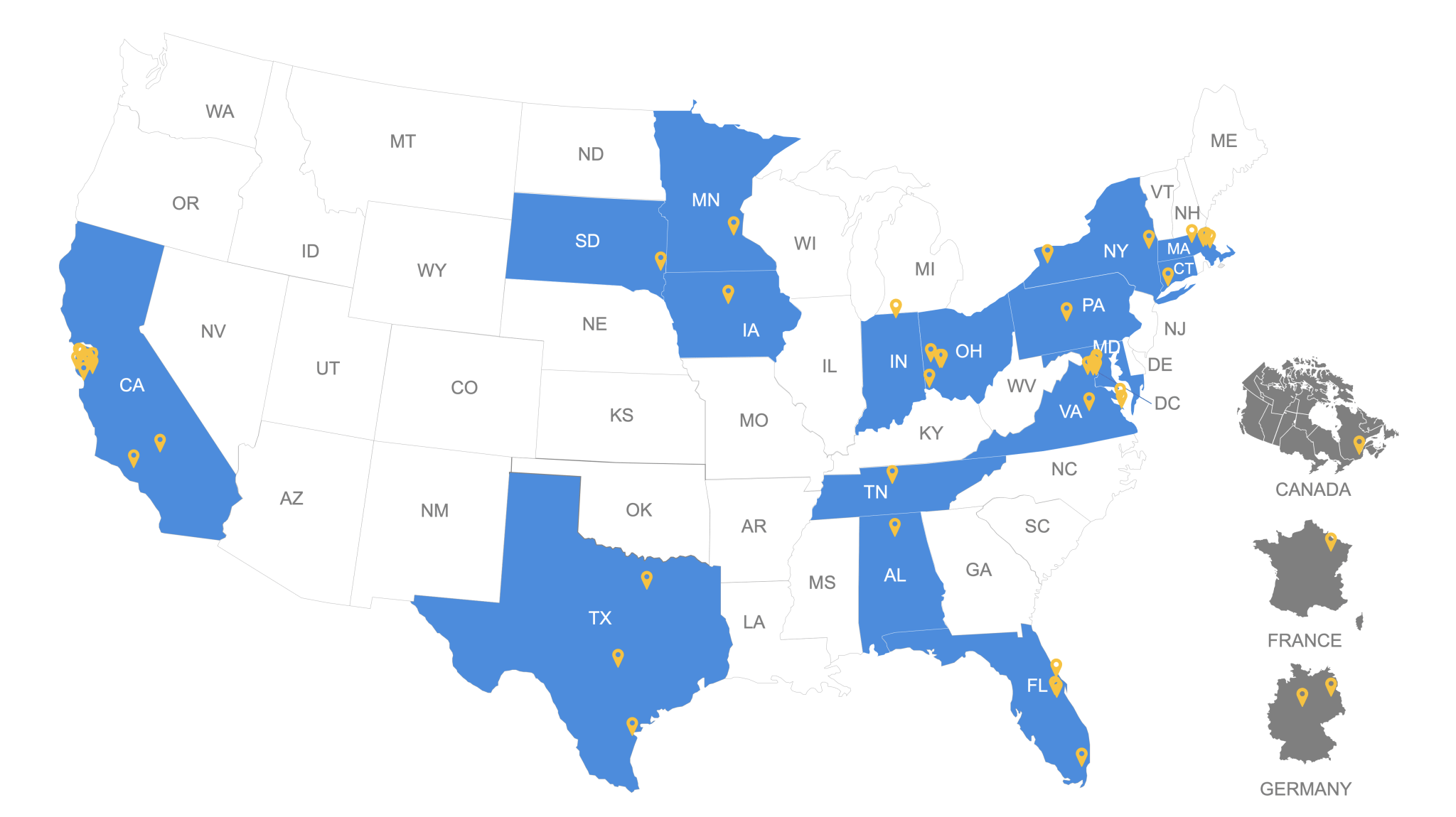 NASA Advanced Air Mobility Partnerships map showing the US, Canada, France & Germany maps with locations to partners.