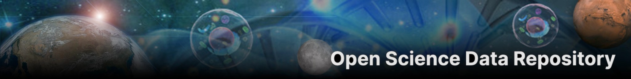 Open Science Data Repository banner, showing a scene of planets and biological structures