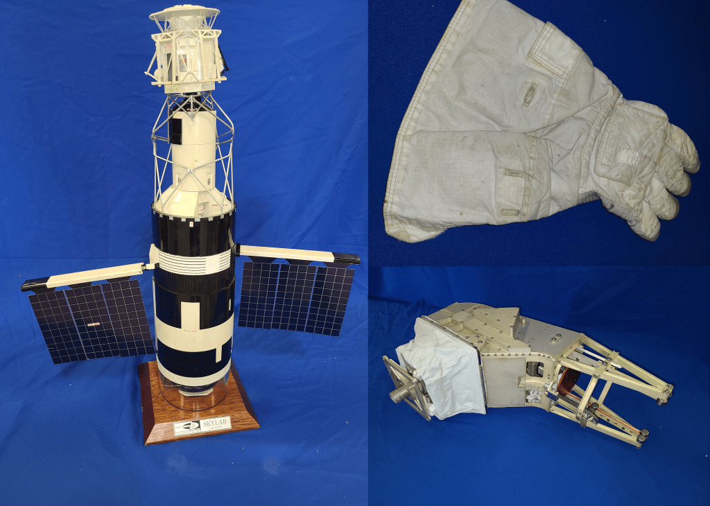 A collage showing an astronaut glove, a Hubble mockup and a piece of equipment