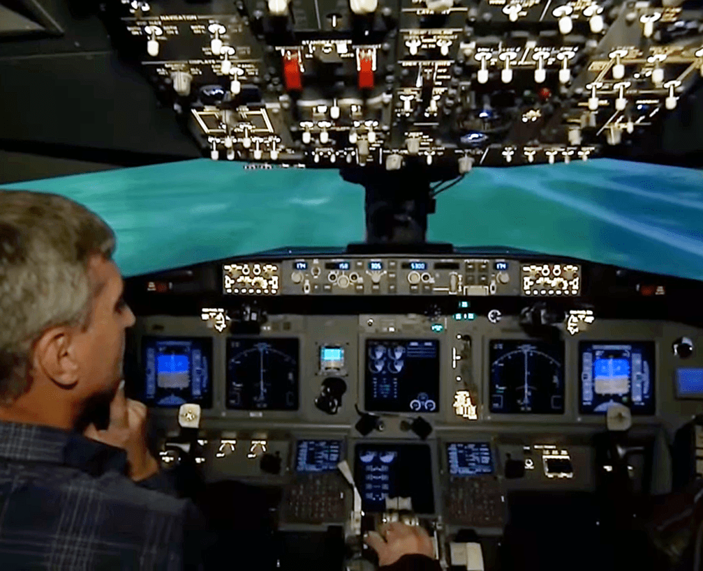 A pilot is seen in the cockpit of an airliner.