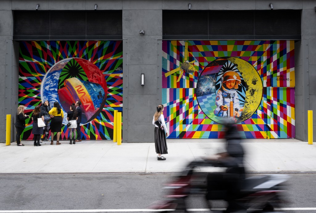 The inaugural murals for the relaunched NASA Art Program appear side-by-side at 350 Hudson Street, Tuesday, Sept. 24, 2024, in New York City.