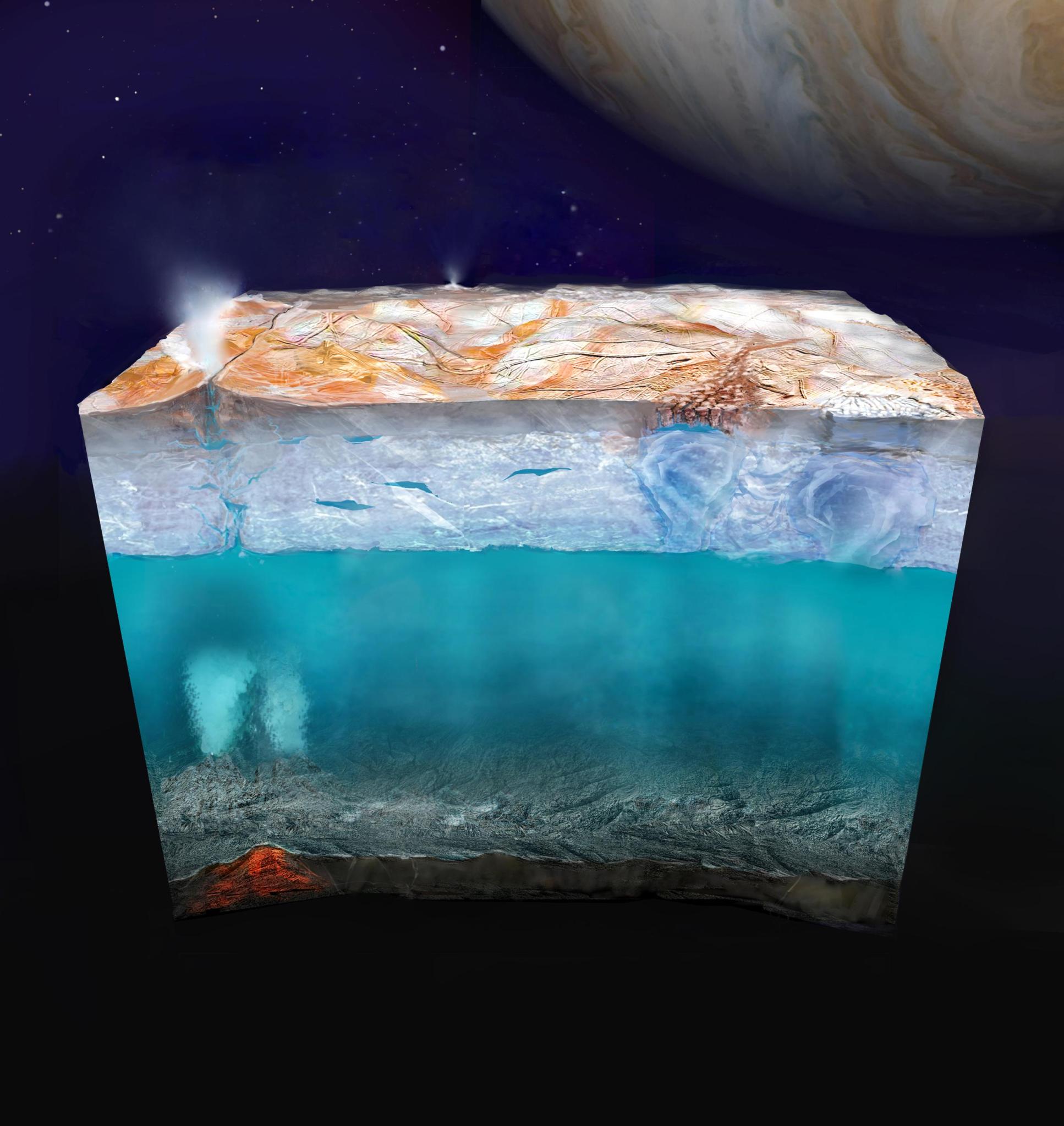 This artist’s concept (not to scale) depicts what Europa’s internal structure could look like