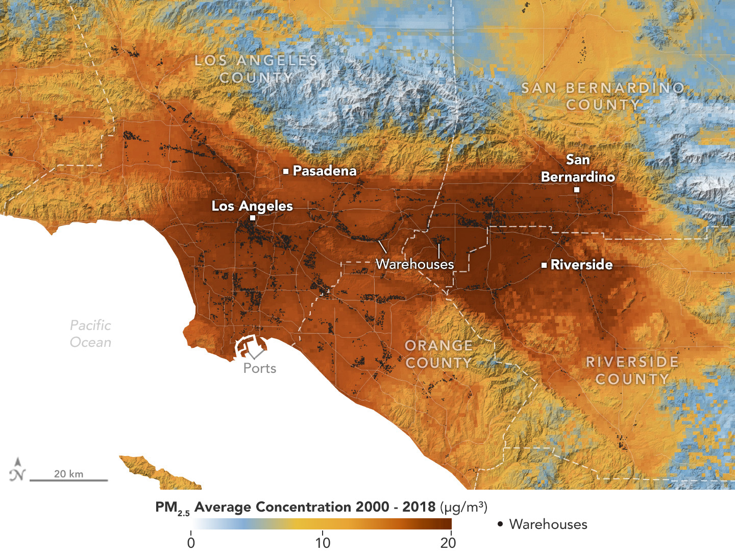 A data visualization shows the average concentration of PM2.5 particulate pollution in the Los Angeles region from 2000 to 2018