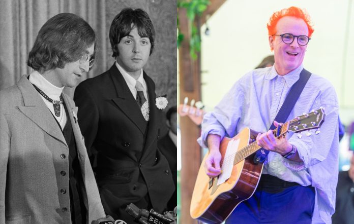 John Lennon and Paul McCartney of The Beatles in 1968 and Fran Healy of Travis in 2024