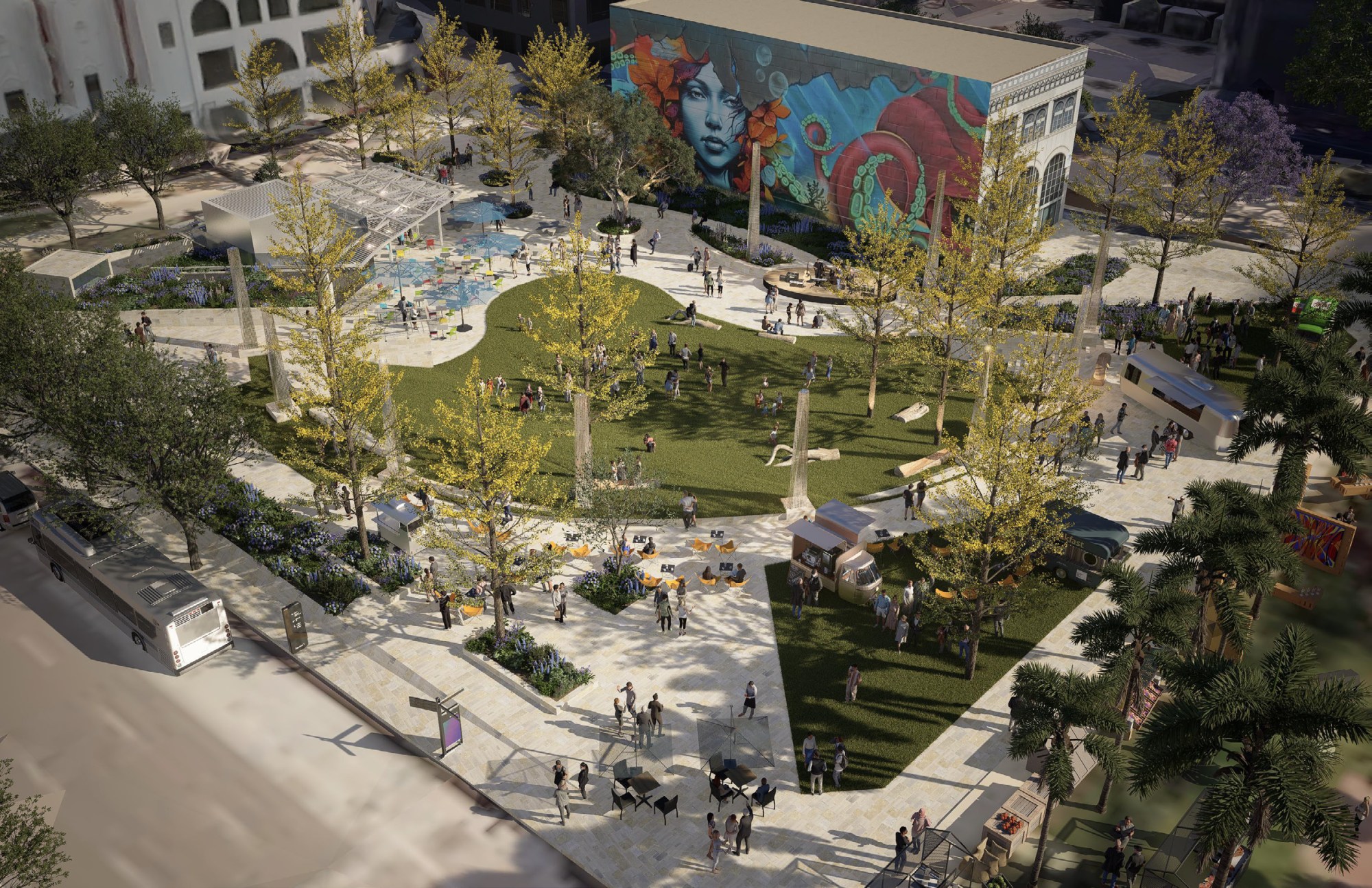 SUT-L-HORTONPLAZAPARK-UPDATE-03 Horton Plaza Propco LLC assumed control over the Horton Plaza Park lease through foreclosure and must complete $5 million in park improvements. The rendering, submitted to the city, shows a park plan that centers around repurposing the sunken amphitheater as a grassy lawn area. (City of San Diego)