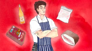 An illustration of a white handsome chef with brown hair in an a naturalwine bottle, bag of coke, hunk of meat- all the size of his head.